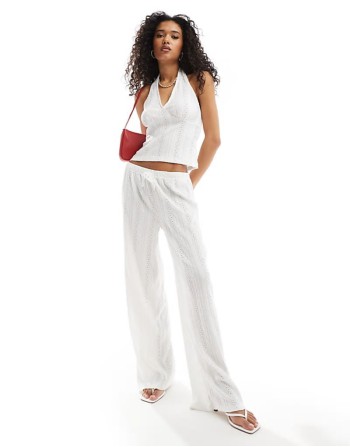 button through broderie tank, halter top and trouser co ord in ivory