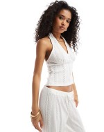 button through broderie tank, halter top and trouser co ord in ivory
