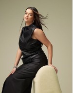 Curve leather look drape high neck asymmetric smart top in black