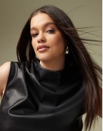Curve leather look drape high neck asymmetric smart top in black