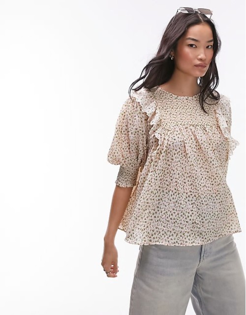 ditsy floral embroidered smock top in blush