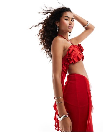halter neck frill detail rose top co-ord in red