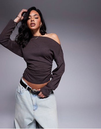 ruched side long sve tee in brown