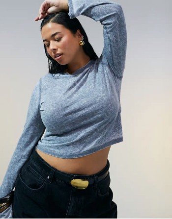 Curve burn out long sve top in acid wash grey