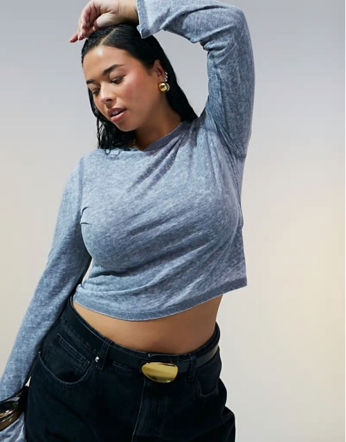 Curve burn out long sve top in acid wash grey