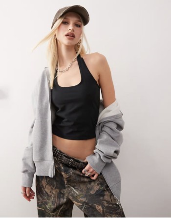 halter top with piping detail in black