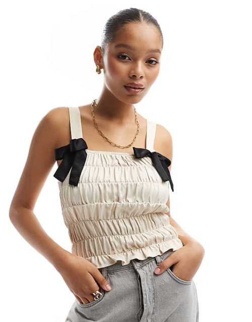 satin contrast bow detail cami top in ivory