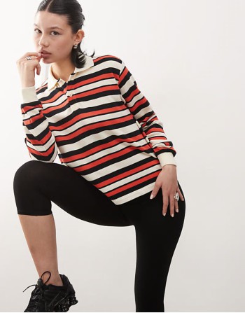 long sve collared rugby polo top in red stripe