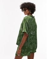 co-ord satin resort shirt in green palm print