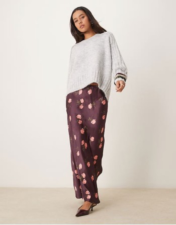 DEISGN satin bias maxi skirt in burgundy rose print