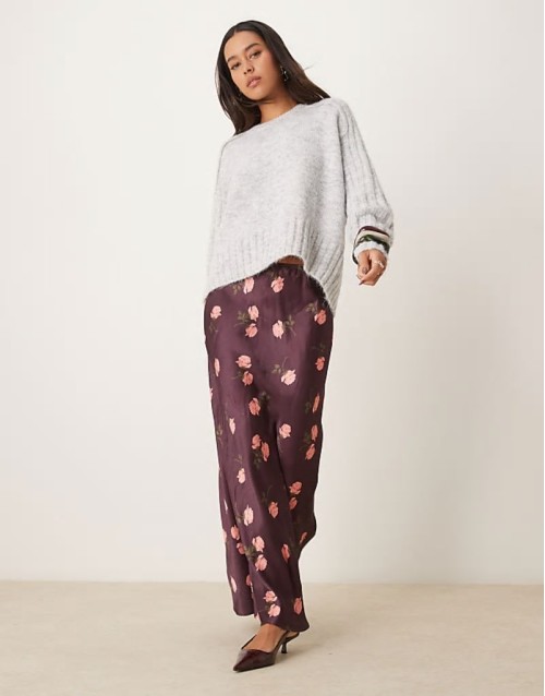 DEISGN satin bias maxi skirt in burgundy rose print