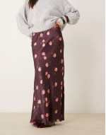 DEISGN satin bias maxi skirt in burgundy rose print