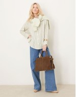 long sve oversized linen shirt in green stripe