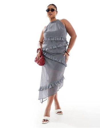 exclusive asymmetric halter top and skirt co-ord in grey check