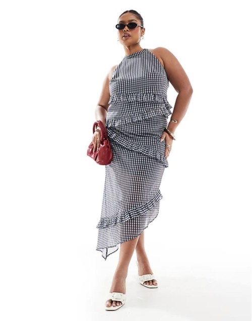 exclusive asymmetric halter top and skirt co-ord in grey check
