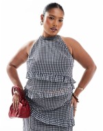 exclusive asymmetric halter top and skirt co-ord in grey check