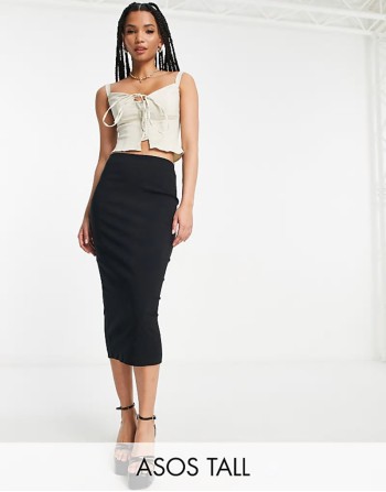 Tall high waist tailored midi pencil skirt in black