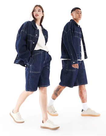 unisex long length denim jorts with contrast stitching in rinse wash blue