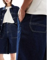 unisex long length denim jorts with contrast stitching in rinse wash blue