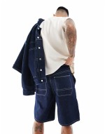 unisex long length denim jorts with contrast stitching in rinse wash blue
