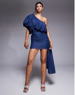 one shoulder asymmetric bubble denim draped mini dress in mid wash Blue