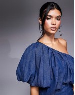 one shoulder asymmetric bubble denim draped mini dress in mid wash Blue