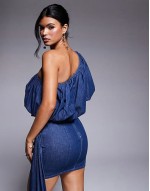 one shoulder asymmetric bubble denim draped mini dress in mid wash Blue