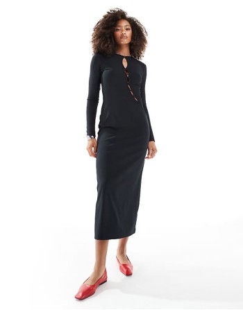 ribbed midi dress with cutout button detail in black