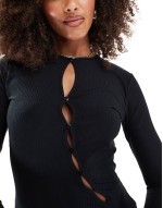 ribbed midi dress with cutout button detail in black