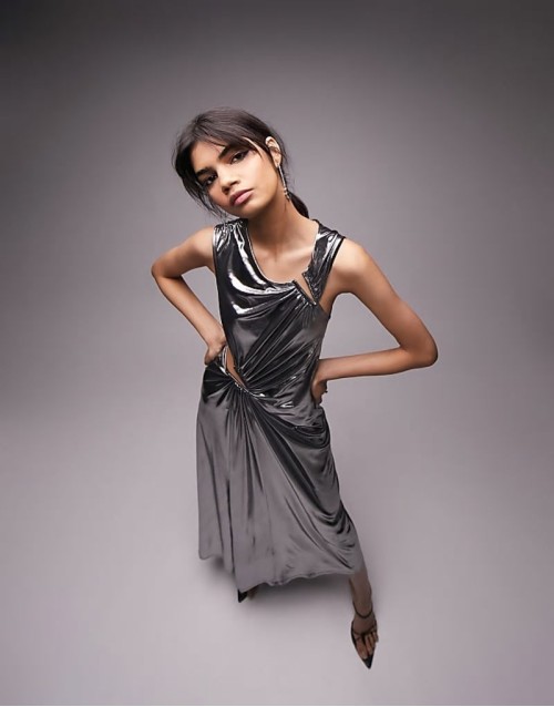 asymmetric metallic cut out midi dress in silver