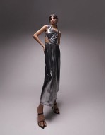 asymmetric metallic cut out midi dress in silver