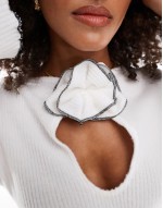 fluffy rib long sve keyhole corsage midi dress in white with contrast stitching
