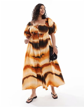 Curve puffed sve smock midi dress in abstract print