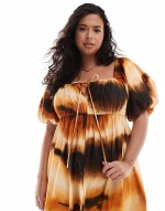 Curve puffed sve smock midi dress in abstract print