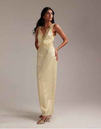 Bridesmaids plunge neck lace detail satin column maxi dress in soft yellow