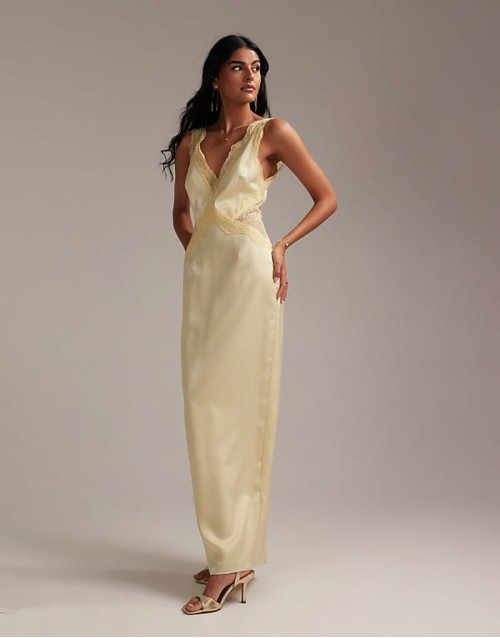 Bridesmaids plunge neck lace detail satin column maxi dress in soft yellow