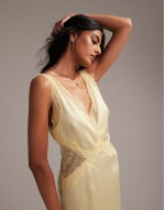 Bridesmaids plunge neck lace detail satin column maxi dress in soft yellow