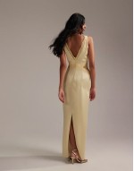 Bridesmaids plunge neck lace detail satin column maxi dress in soft yellow