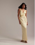 Bridesmaids plunge neck lace detail satin column maxi dress in soft yellow