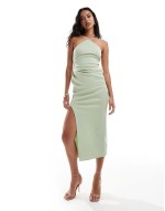 halterneck midi dress with wrap skirt in sage green