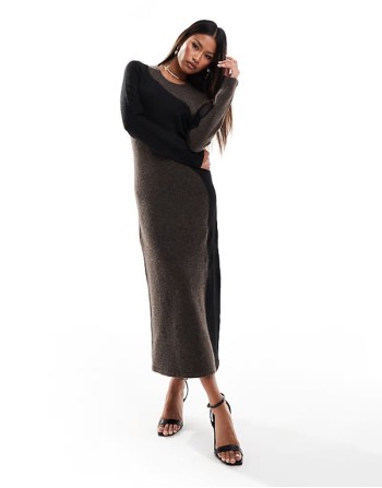 knitted colour block midi dress in brown