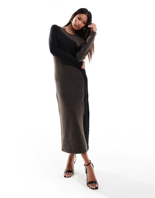 knitted colour block midi dress in brown