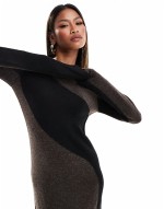 knitted colour block midi dress in brown