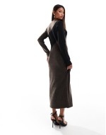 knitted colour block midi dress in brown