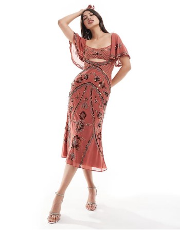 bandeau maxi dress with asymmetric ruffle hem in lilac abstract floral print