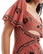 bandeau maxi dress with asymmetric ruffle hem in lilac abstract floral print