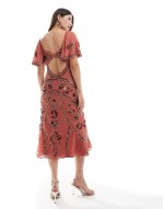 bandeau maxi dress with asymmetric ruffle hem in lilac abstract floral print