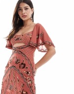 bandeau maxi dress with asymmetric ruffle hem in lilac abstract floral print