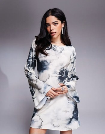 slash neck biased mini in blow up floral print