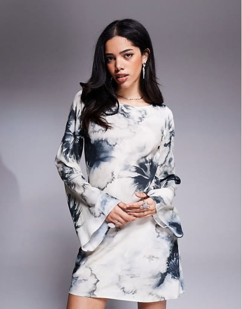 slash neck biased mini in blow up floral print